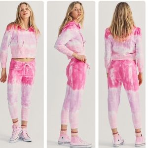 LoveShackFancy Cropped Hoodie Sweatshirt in Bubble Gum Pink White Tie Dye